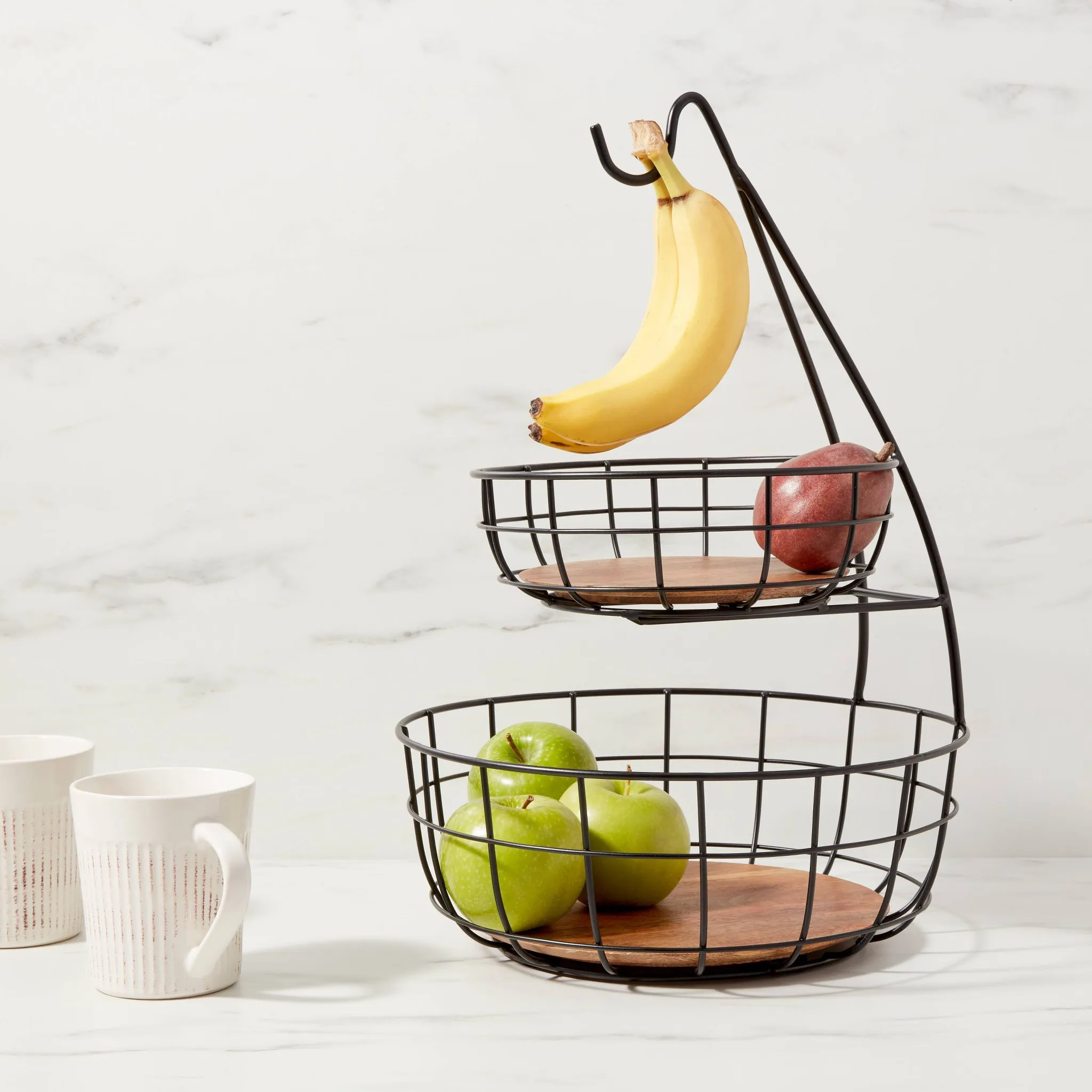 Iron and Mangowood Wire 2-Tier Fruit Basket with Banana Hanger Black - Threshold - Kaedas