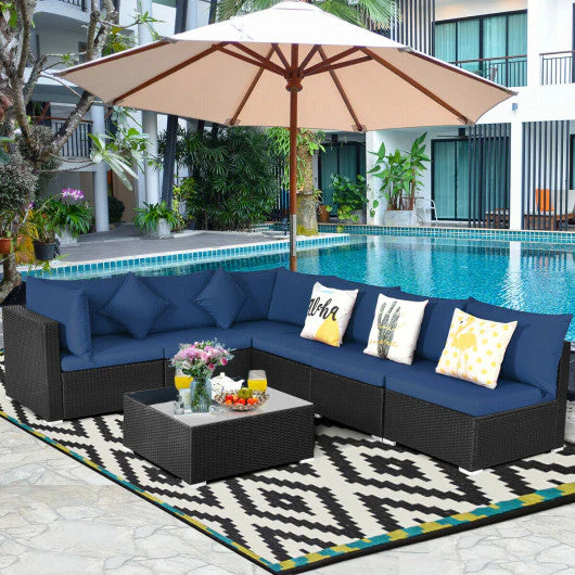 7-Piece Outdoor Sectional Wicker Patio Sofa Set With Tempered Glass Top-Navy - Kaedas