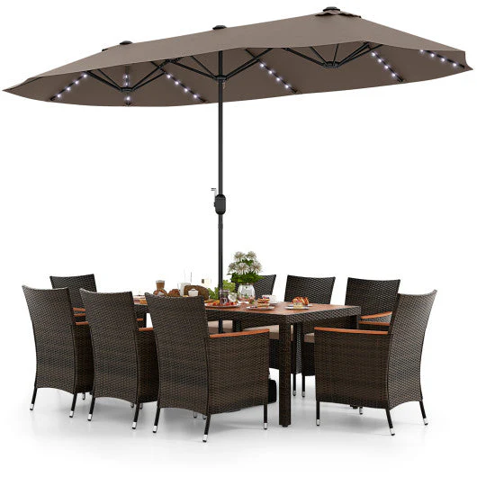 11 Pieces Patio Dining Set With 15 Feet Double-Sided Patio Umbrella and Base-Coffee - Kaedas