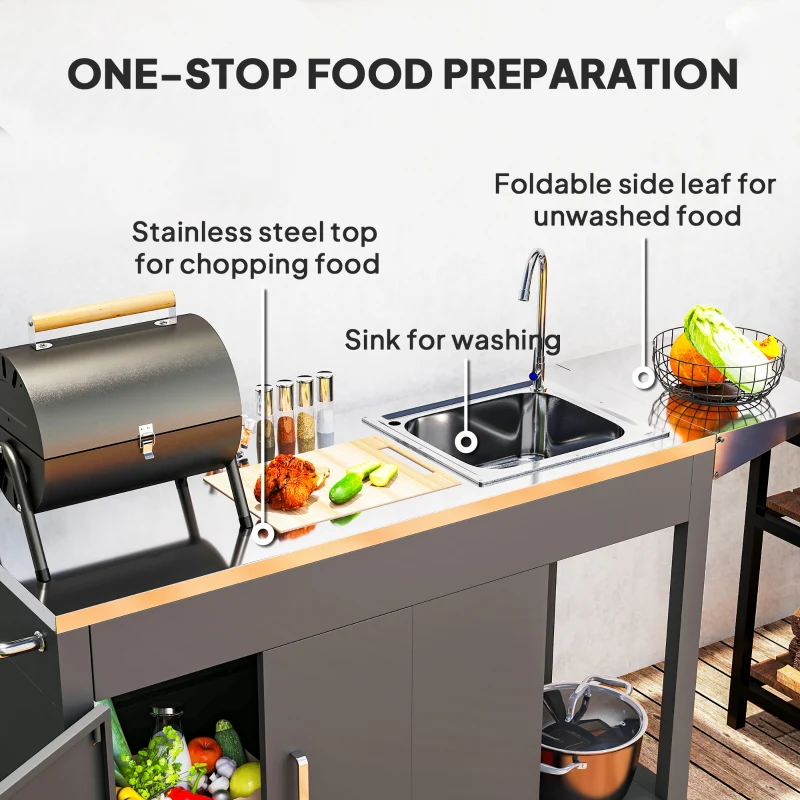 Outsunny Outdoor Grill Table with Stainless Steel Sink and Drainage - Kaedas