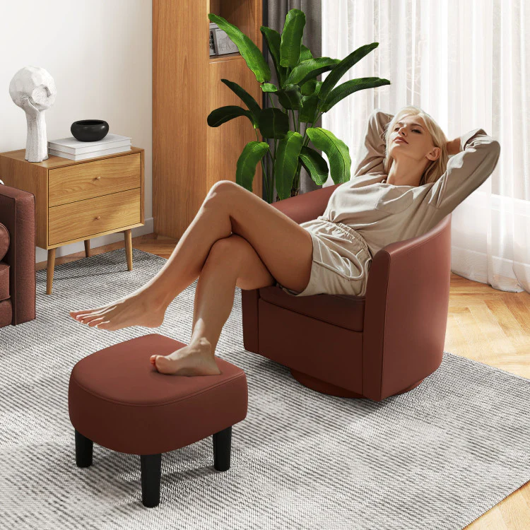 Modern Club Swivel Accent Chair With Ottoman Footrest Curved Backrest-Brown - Kaedas