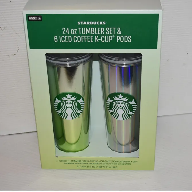 Starbucks Gift Set 2-24 Oz Tumbler 6 Iced Coffee K-Cup Pods Shiny Green & Silver - Kaedas