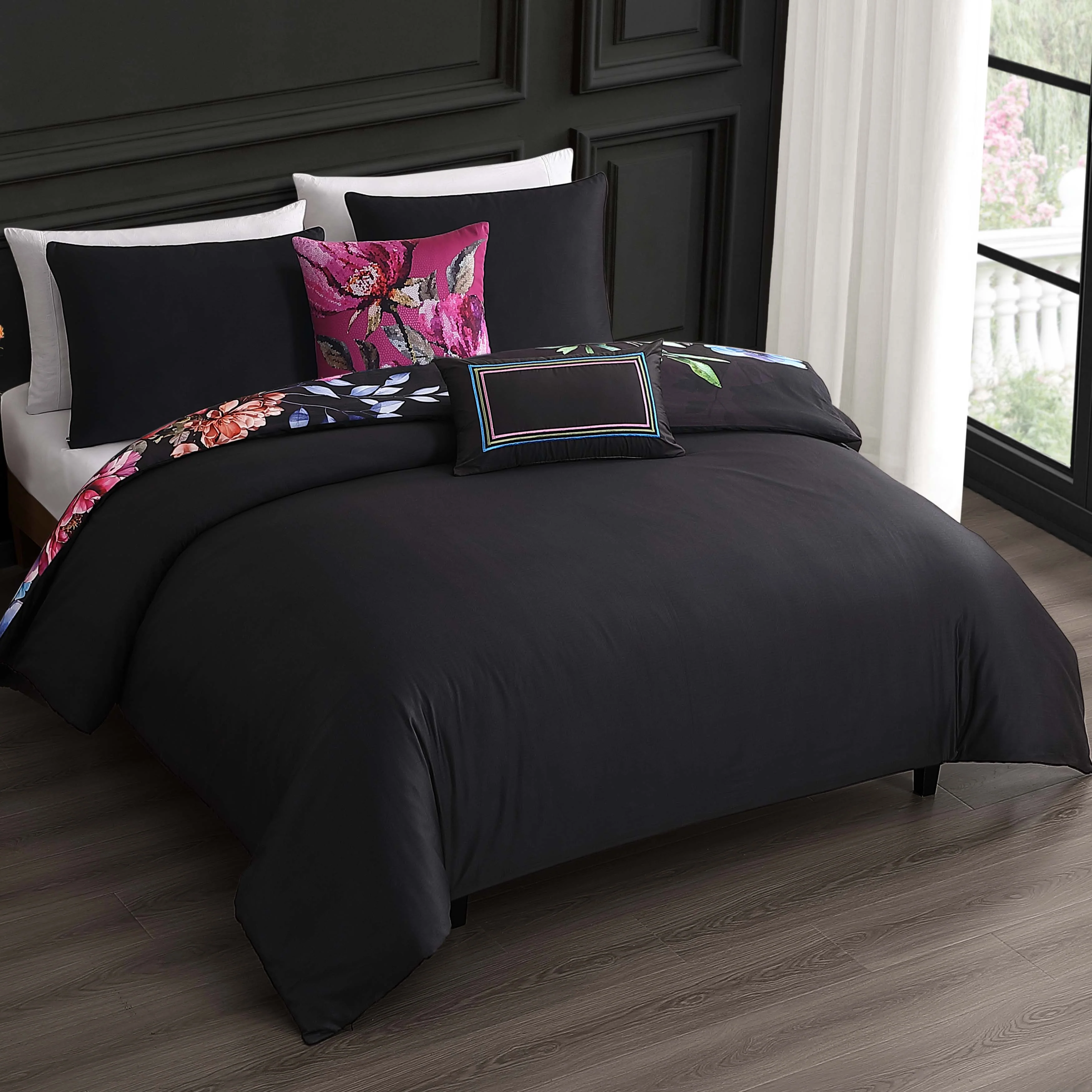 Bebejan Black Night Poppies 5 Piece Reversible Comforter Set - Kaedas