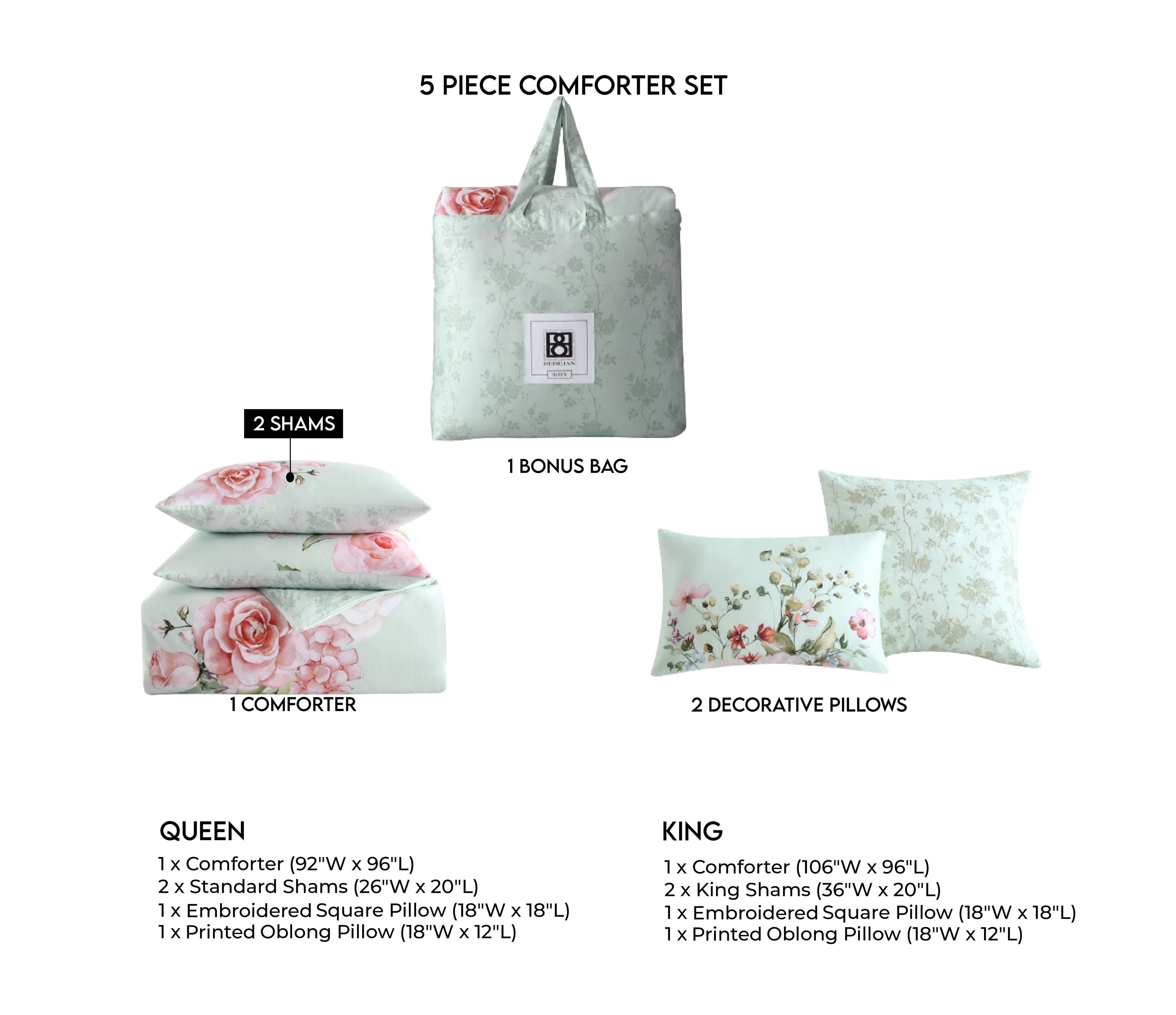 Bebejan Rose on Misty Green 5 Piece Reversible Comforter Set - Kaedas