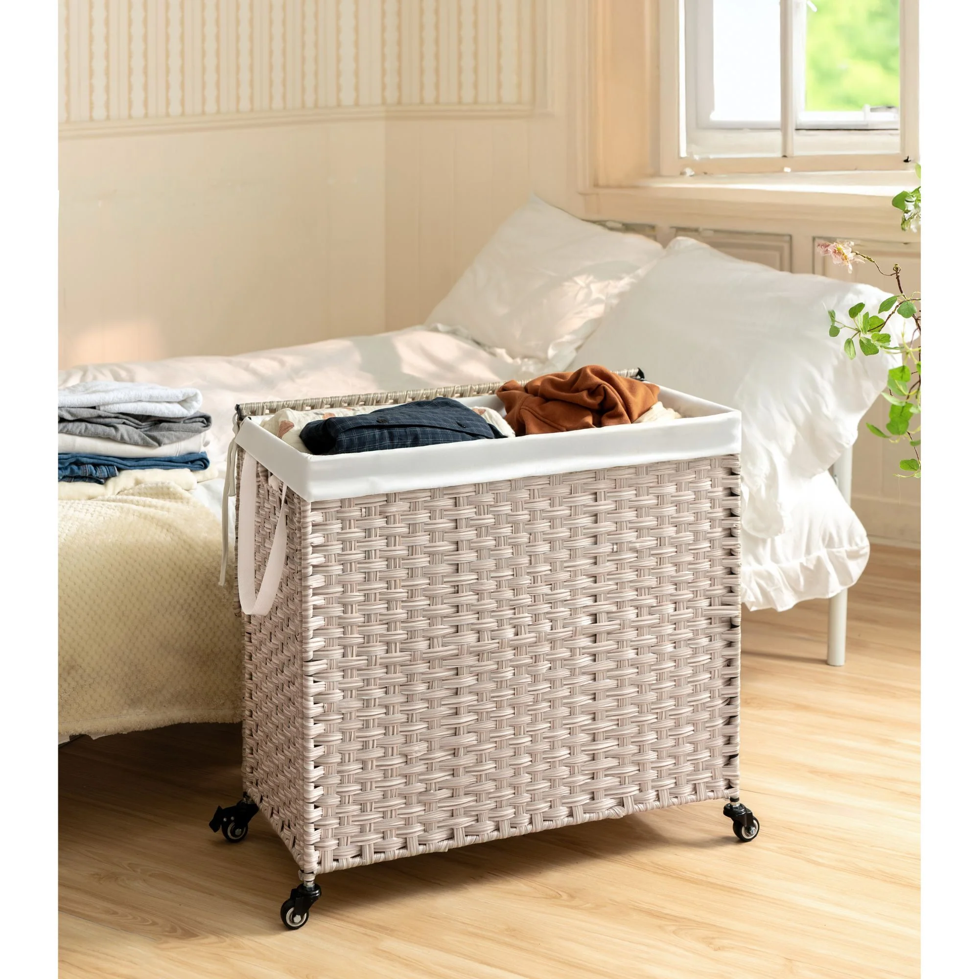Laundry Hamper With Lid PE Rattan Powder Coating Frame Clothes Hampers With 2 Removable Bags - Kaedas