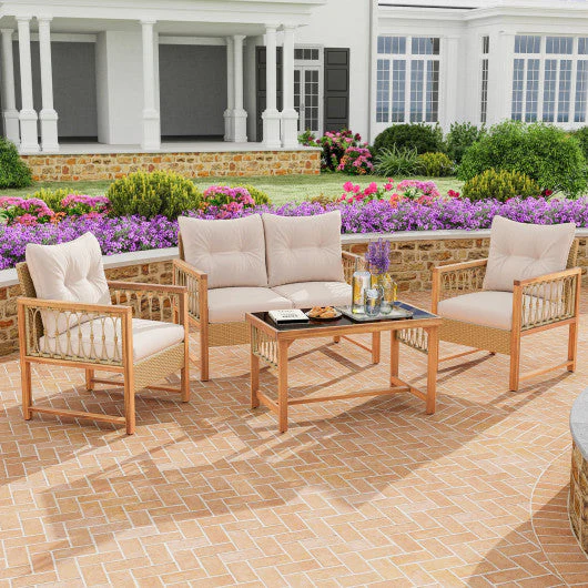 4 Pieces Outdoor Patio PE Wicker Conversation Bistro Set With Acacia Wood Frame-Brown - Kaedas