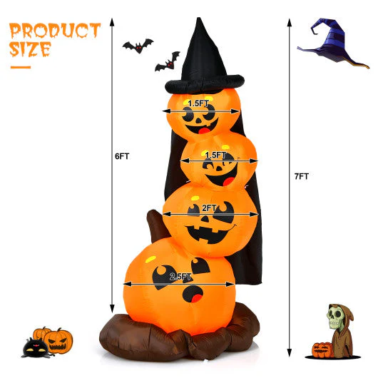 7 Feet Halloween Inflatable Pumpkin Combo With Witch's Hat and LED Lights - Kaedas