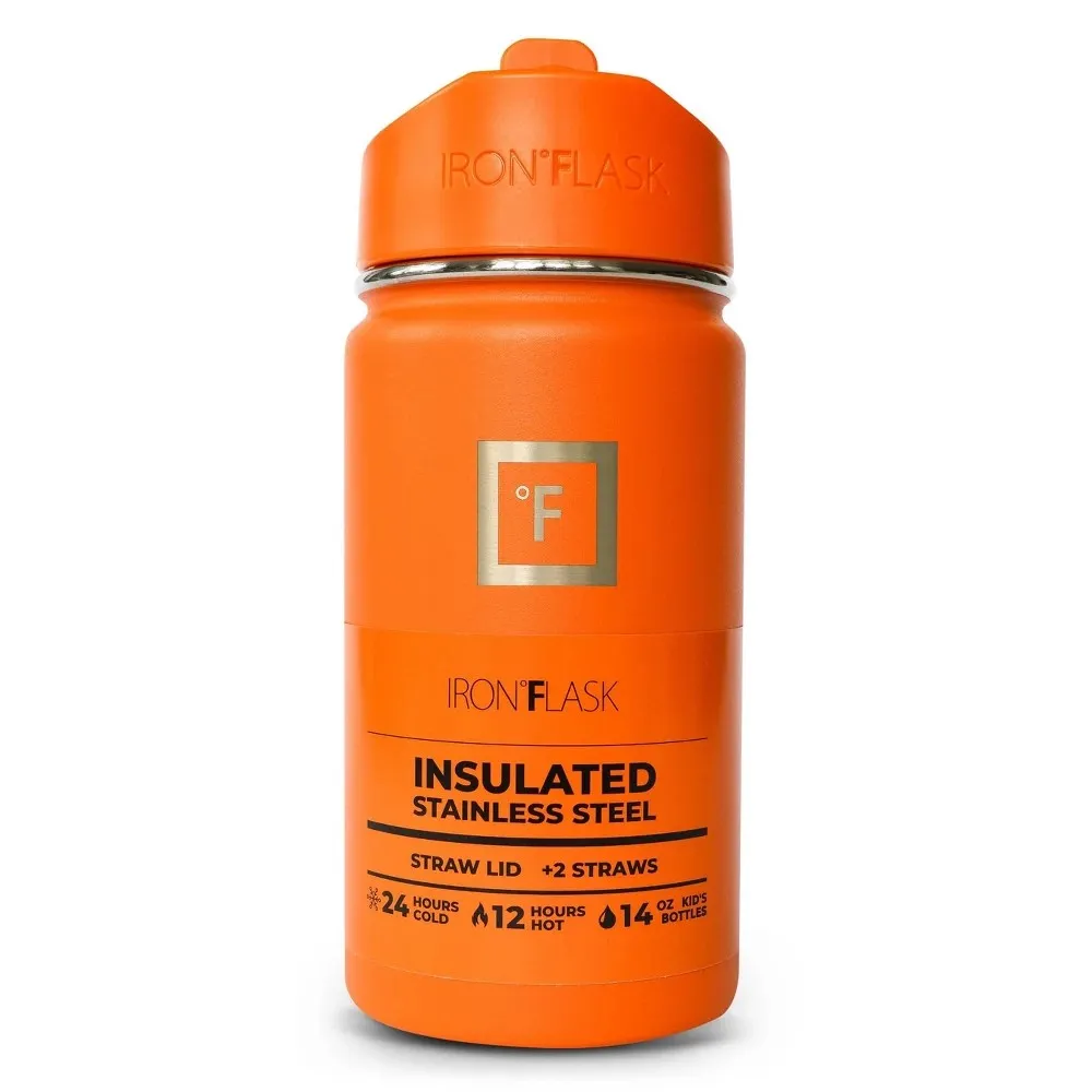 IRON FLASK 14oz Stainless Steel Water Bottle with Plastic Lid Apricot Orange: Insulated Kids & Toddler Drinkware - Kaedas