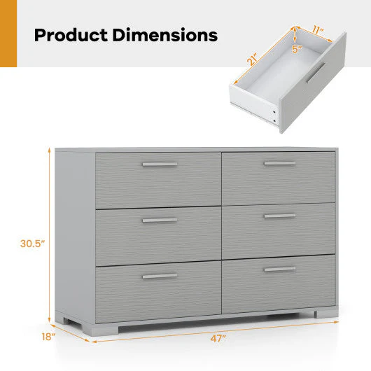 6 Drawer Storage Cabinet With Metal Legs Handles With Anti-Toppling Devices-Grey - Kaedas