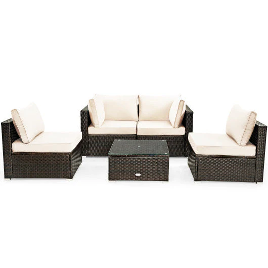 5 Pieces Cushioned Patio Rattan Furniture Set With Glass Table-White - Kaedas