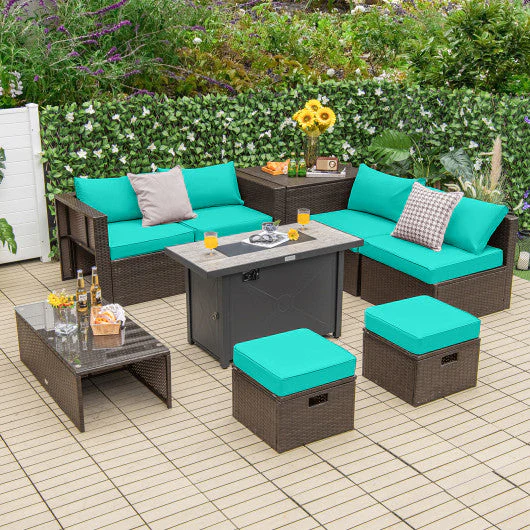 9 Pieces Outdoor Patio Furniture Set With 42 Inch Propane Fire Pit Table-Turquoise - Kaedas
