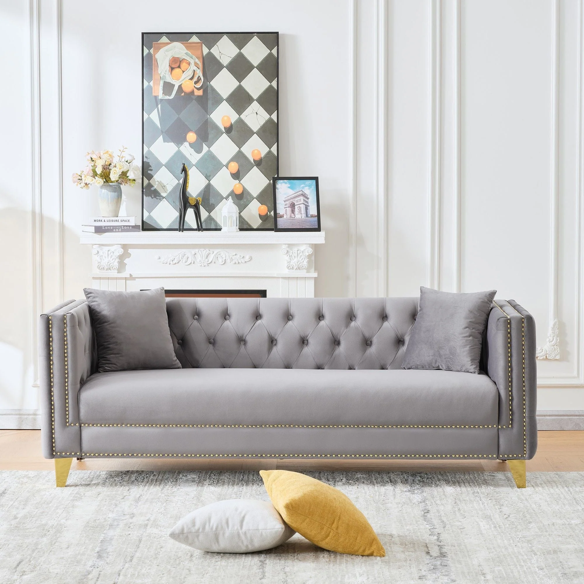 3 Seater Deep Seat Sofa, Sofa With Button Nailhead, Square Arm Couches, Furniture for Living Room - Gray - Kaedas