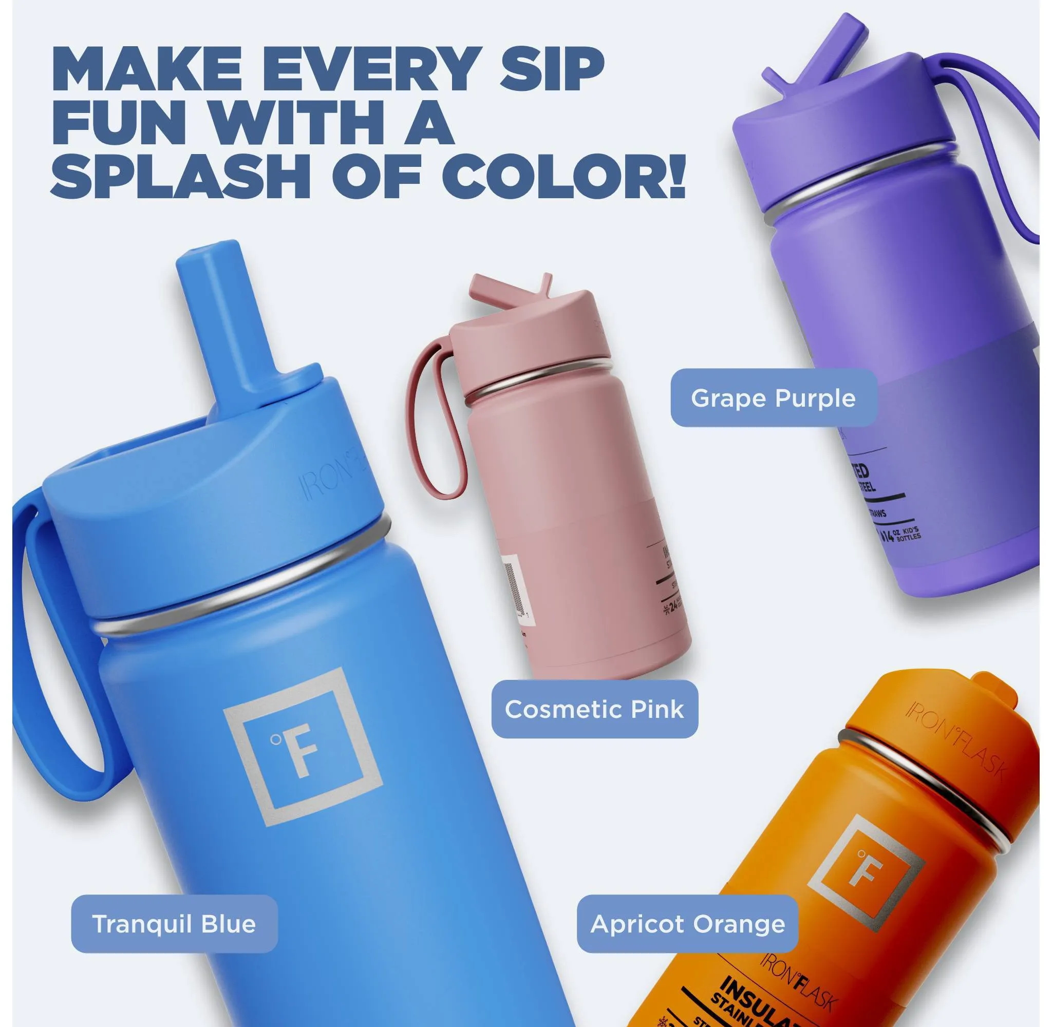 IRON FLASK 14oz Stainless Steel Water Bottle with Plastic Lid Grape Purple: Insulated Kids & Toddler Drinkware - Kaedas