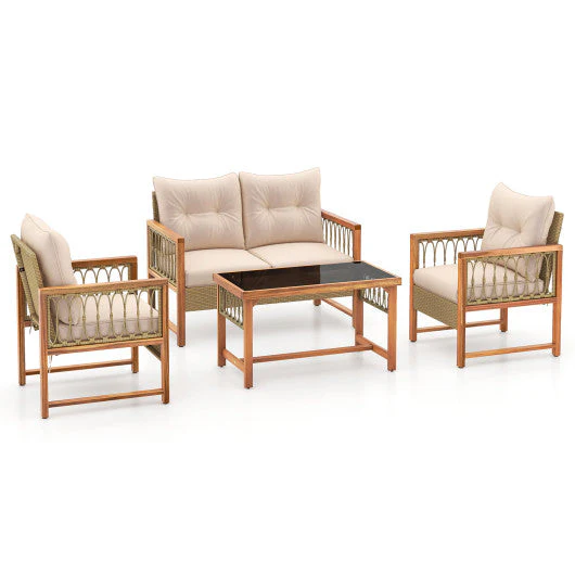 4 Pieces Outdoor Patio PE Wicker Conversation Bistro Set With Acacia Wood Frame-Brown - Kaedas