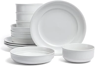 12-piece Rimmed Glossy Porcelain Dinnerware Set - White - Kaedas