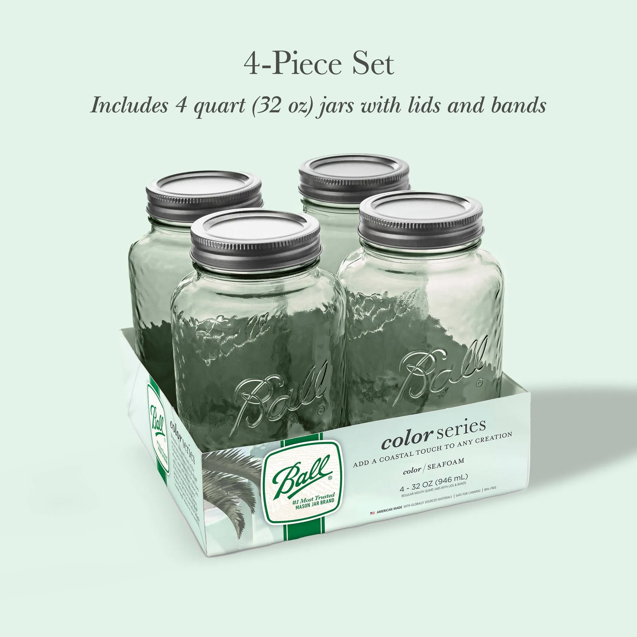 32oz Glass Regular Mouth Mason Jar - Seafoam Green - Kaedas