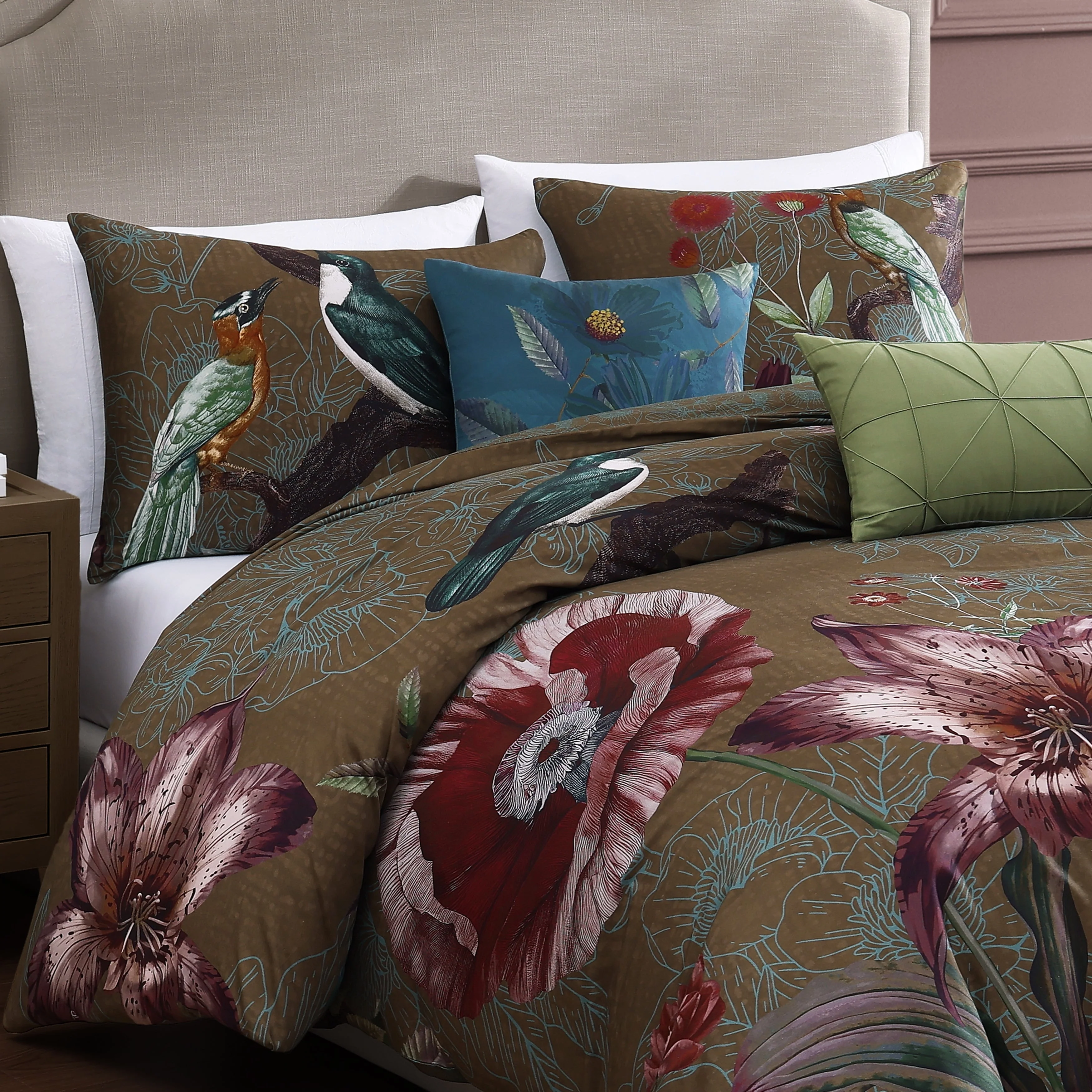 Bebejan Birds on Chocolate Brown 5 Piece Reversible Comforter Set - Kaedas