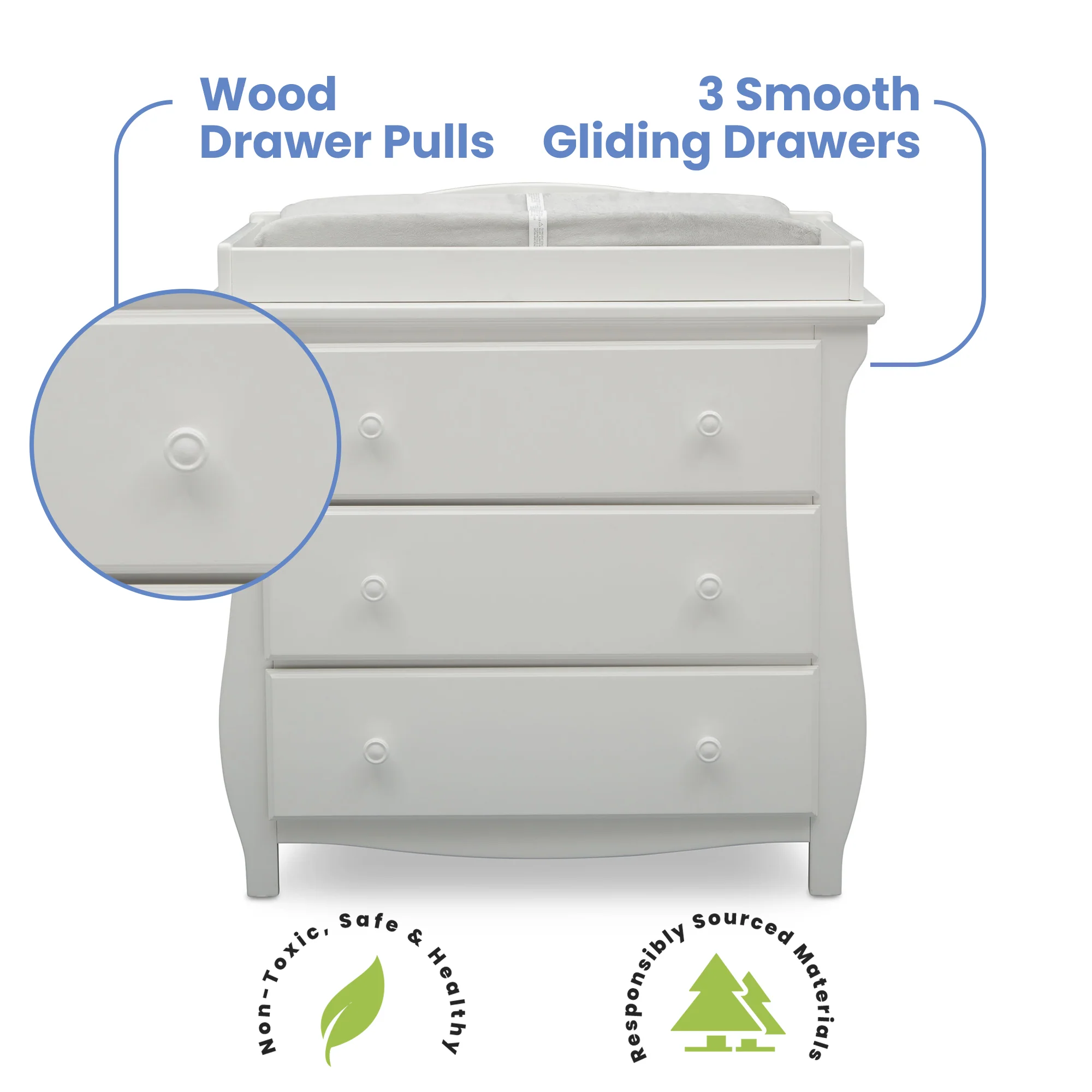 Lancaster 3 Drawer Dresser With Changing Top and Interlocking Drawers - Bianca White - Kaedas