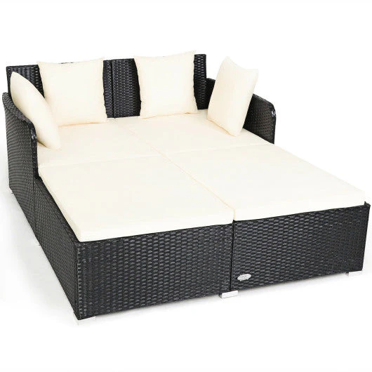 Spacious Outdoor Rattan Daybed With Upholstered Cushions and Pillows-White - Kaedas