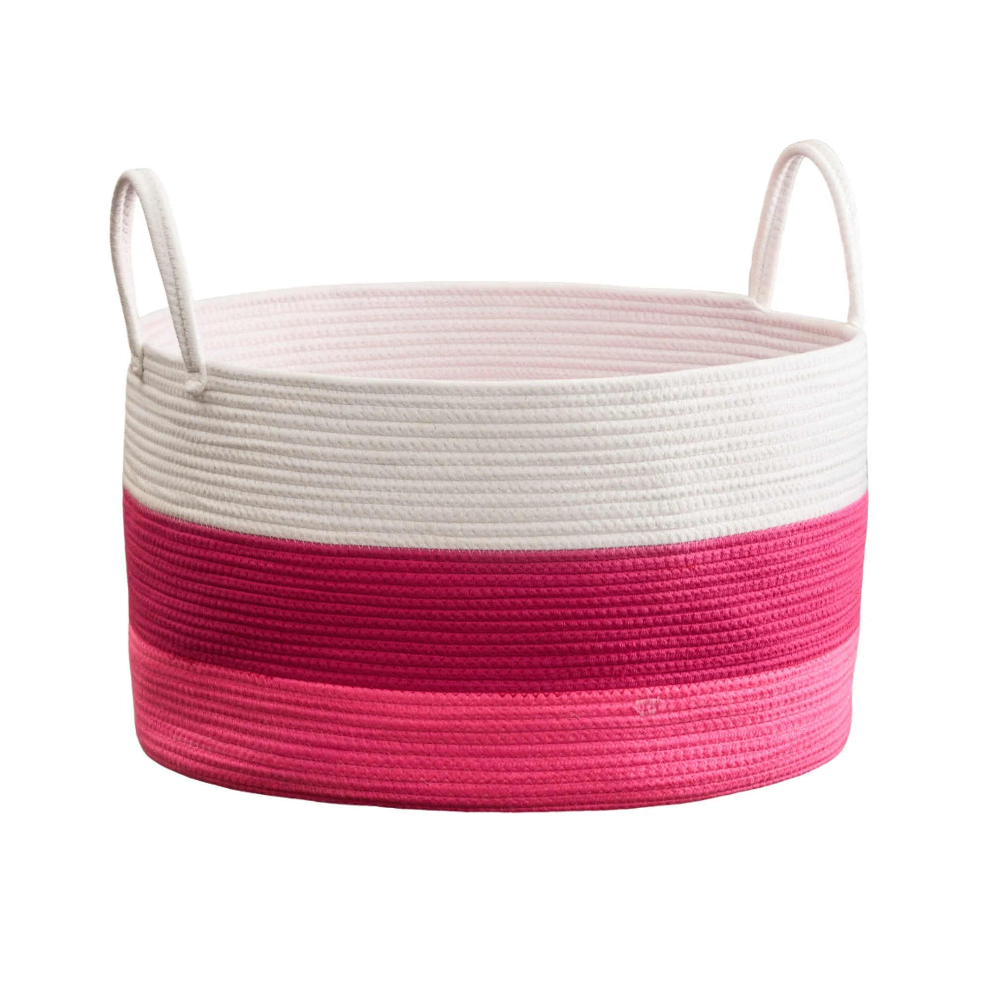 Cotton Round Laundry and Storage Basket With Handles - Pink / White - Kaedas