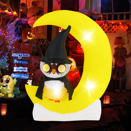 Inflatable Owl on Moon LED Lighted Halloween Decoration With Large Moon and Wizard Owl - Kaedas