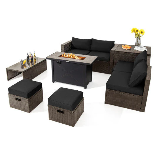 9 Pieces Outdoor Patio Furniture Set With 42 Inch Propane Fire Pit Table-Black - Kaedas