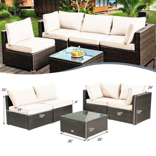 5 Pieces Cushioned Patio Rattan Furniture Set With Glass Table-White - Kaedas