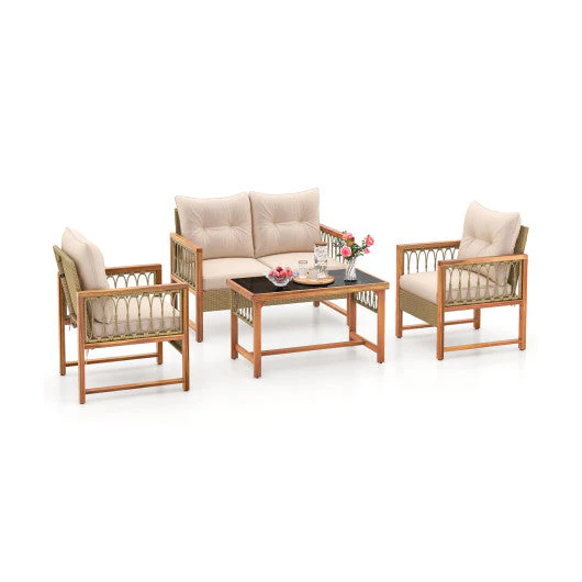 4 Pieces Outdoor Patio PE Wicker Conversation Bistro Set With Acacia Wood Frame-Brown - Kaedas