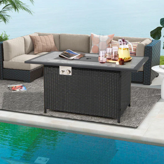 52 Inch Rattan Wicker Propane Fire Pit Table With Rain Cover and Lava Rock-Black - Kaedas
