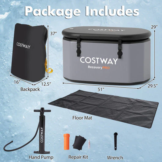 XL 129 Gal Oval Ice Bath Tub With Cover and Hand Pump for Athletes-Gray - Kaedas