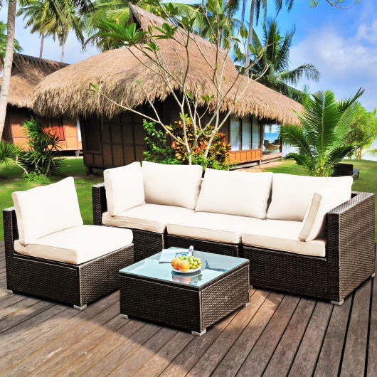 5 Pieces Cushioned Patio Rattan Furniture Set With Glass Table-White - Kaedas