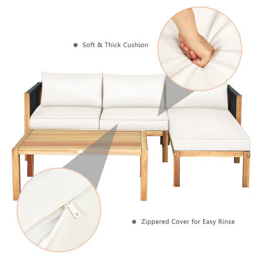 3 Pieces Patio Acacia Wood Sofa Furniture Set With Nylon Rope Armrest-White - Kaedas