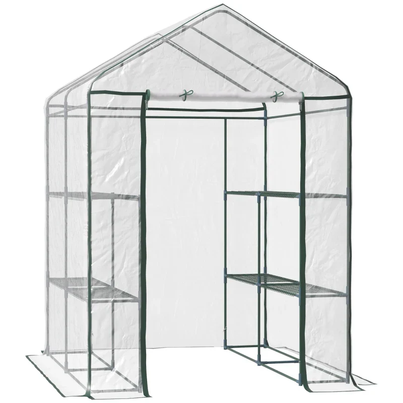 Outsunny 5' x 5' x 6' Mini Walk-in Greenhouse Kit, Portable Green House with 3 Tier Shelves, Roll-Up Door, and Weatherized Plastic Cover for Backyard Garden - Clear - Kaedas