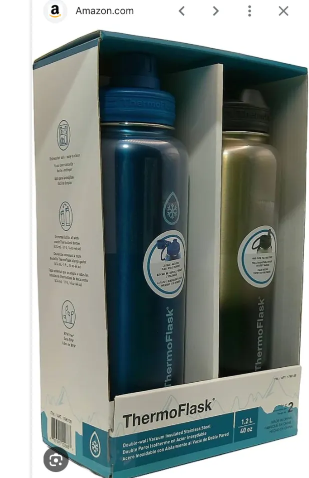 ThermoFlask Stainless Steel Water Bottle 40 Oz 2-Pack (Silver/Blue Brushed - Kaedas