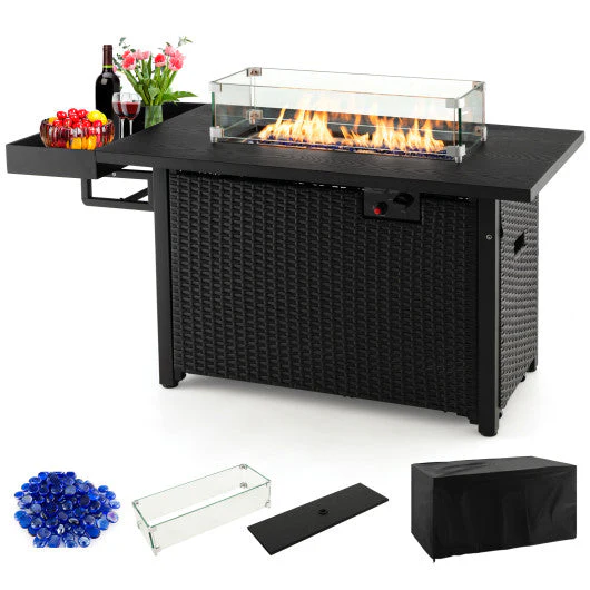 52 Inches Outdoor Wicker Gas Fire Pit Propane Fire Table With Cover-Black - Kaedas