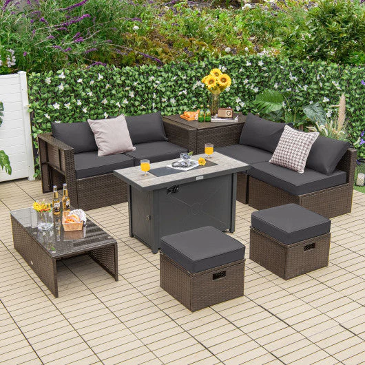 9 Pieces Outdoor Patio Furniture Set With 42 Inch Propane Fire Pit Table-Gray - Kaedas