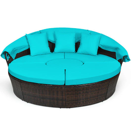 Patio Round Rattan Daybed With Retractable Canopy and Height Adjustable Coffee Table-Turquoise - Kaedas