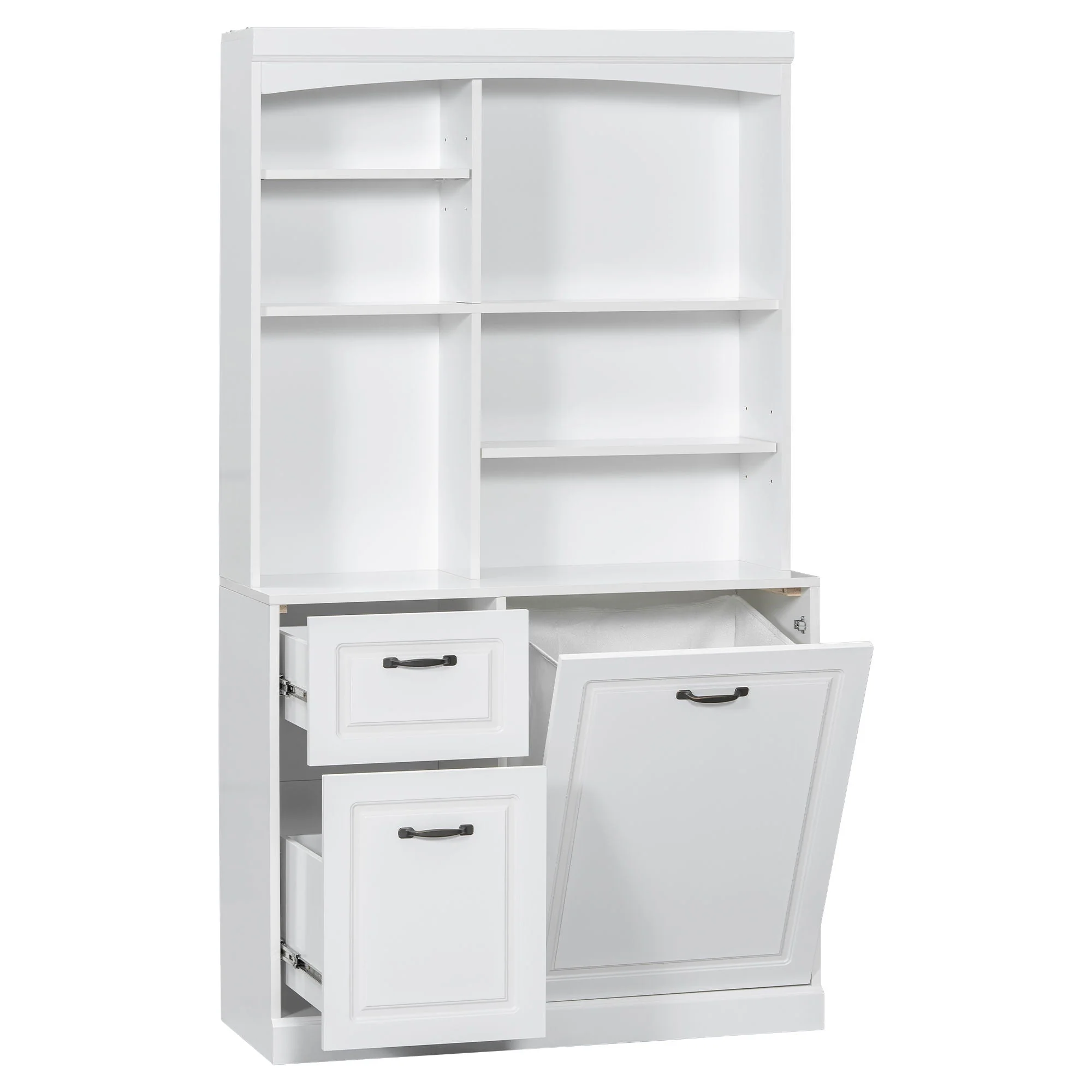 Bathroom Storage Cabinet With Tilt Out Hamper, Tall Free Standing Organizer With Drawers & Adjustable Shelves, Linen Tower With Steel Handles - White - Kaedas