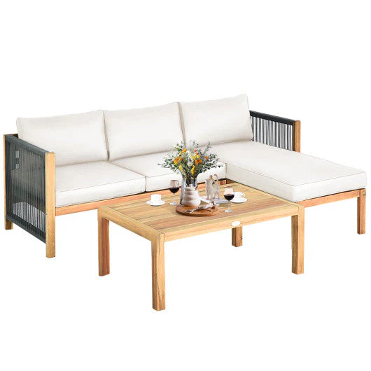 3 Pieces Patio Acacia Wood Sofa Furniture Set With Nylon Rope Armrest-White - Kaedas