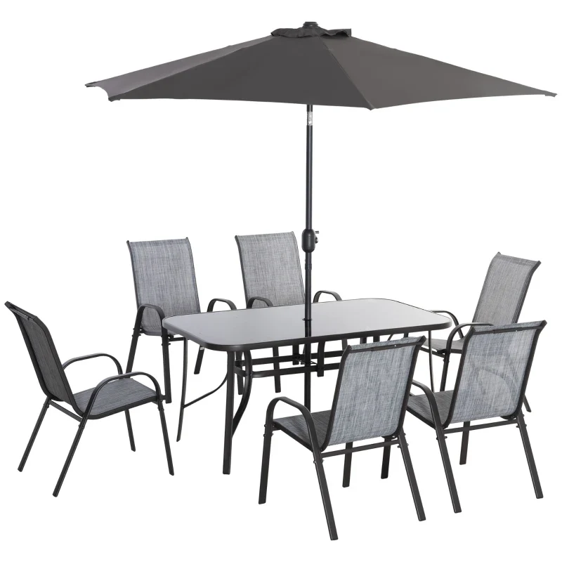 Outsunny 8 Pieces Patio Furniture Set with 9Ft Patio Umbrella, Outdoor Dining Table and Chairs, 6 Chairs, Push Button Tilt and Crank Parasol, Tempered Glass Top, Gray - Kaedas