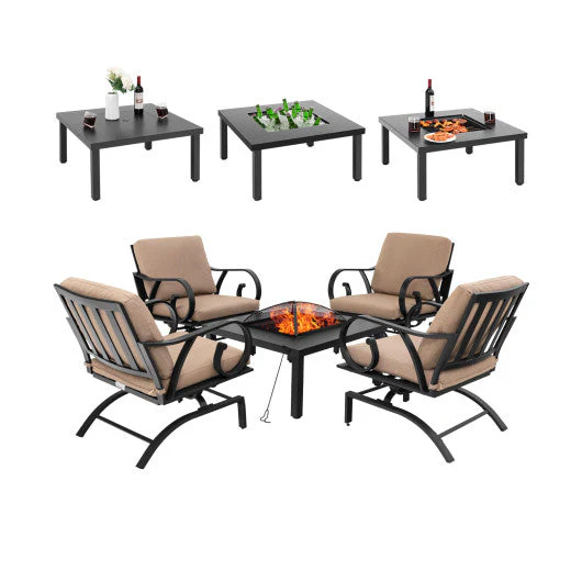 5 Pieces Patio Rocking Chairs and 4-in-1 Fire Pit Table With Fire Poker - Kaedas