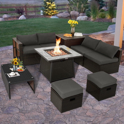 9 Pieces Patio PE Wicker Sectional Set With 50000 BTU Fire Pit Table-Gray - Kaedas