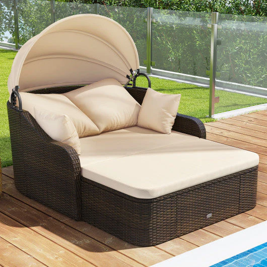 Patio PE Rattan Daybed With Retractable Canopy and Soft Cushions-Beige - Kaedas