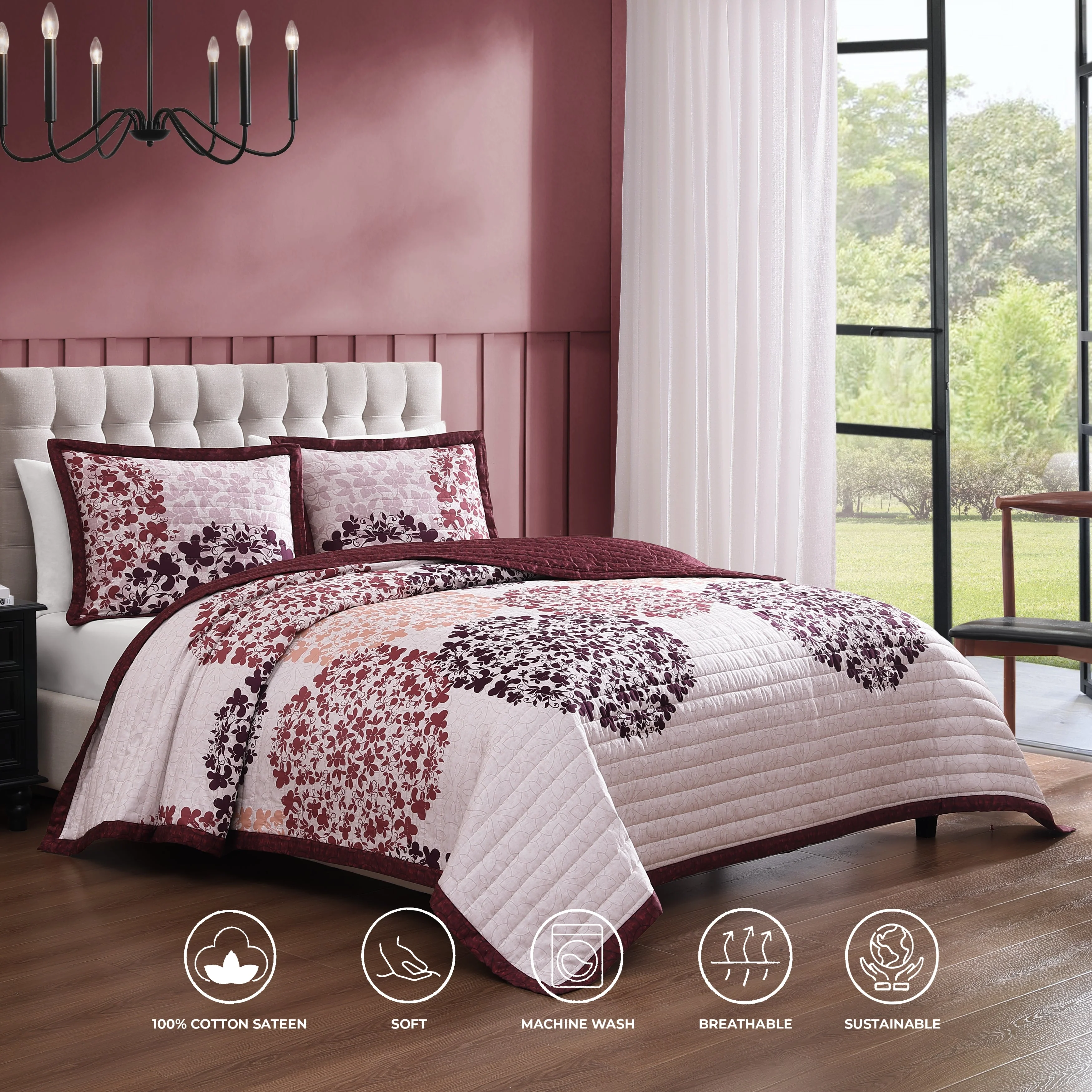 Bebejan Rosewood Harmony 3 Piece Reversible Quilted Coverlet Set - Kaedas