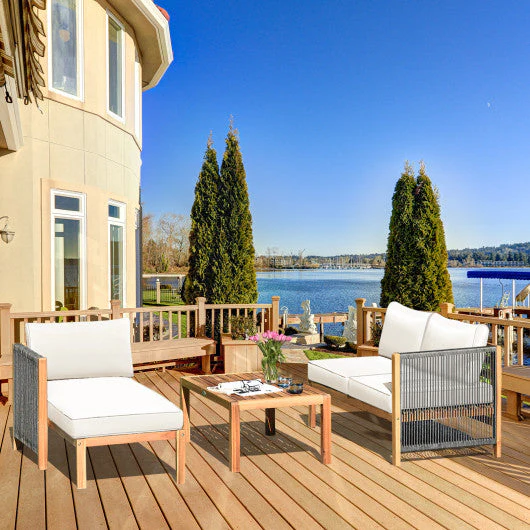 3 Pieces Patio Acacia Wood Sofa Furniture Set With Nylon Rope Armrest-White - Kaedas