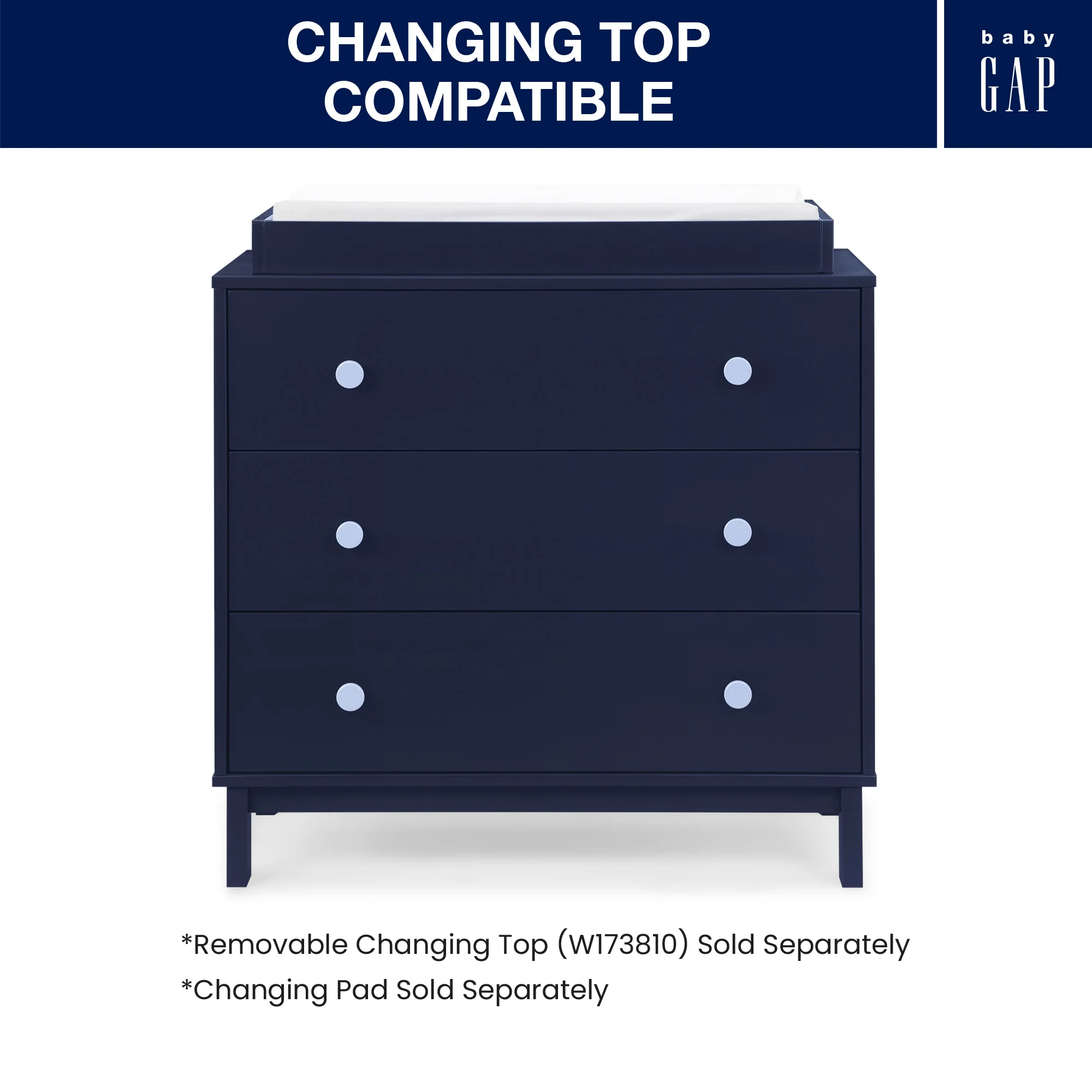 BabyGap Legacy 3 Drawer Dresser With Interlocking Drawers - Navy with Light Blue - Kaedas
