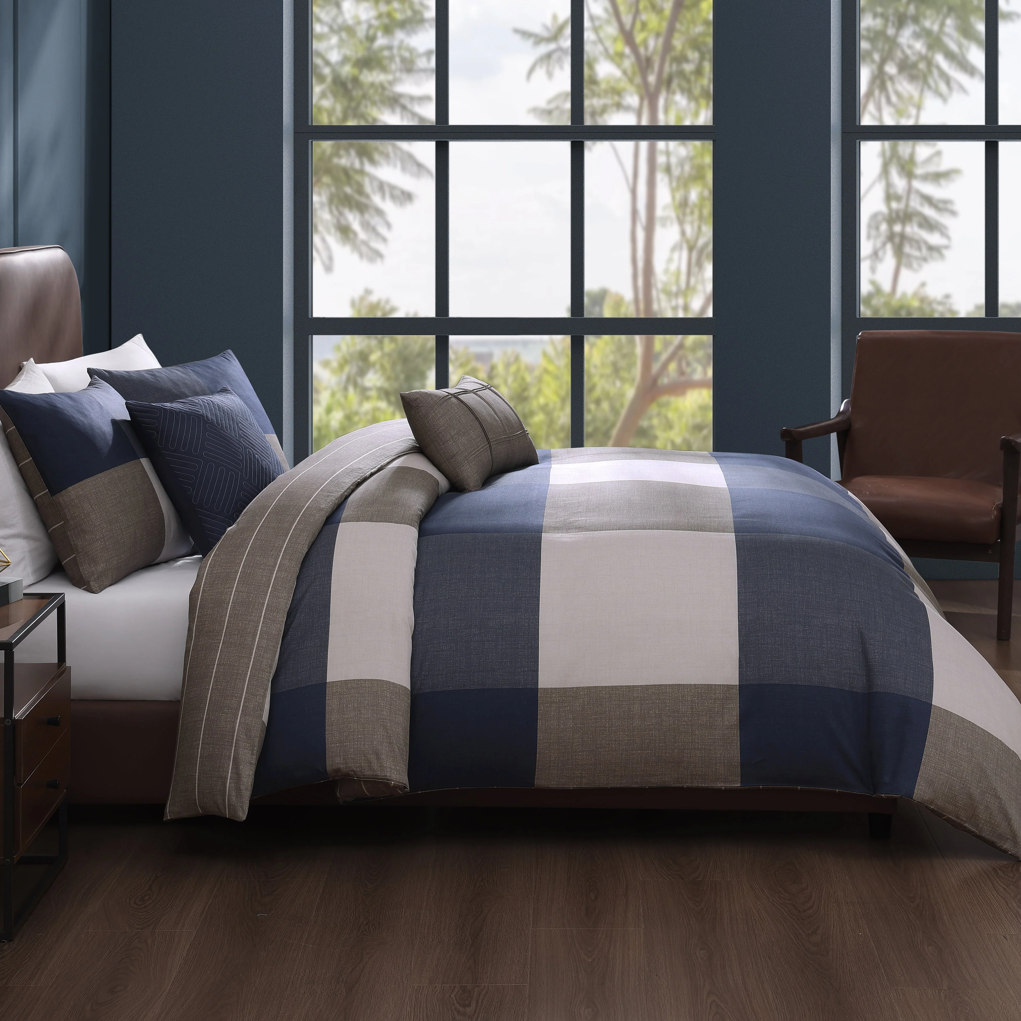 Bebejan Checkered Navy Tan 5 Piece Reversible Comforter Set - Kaedas