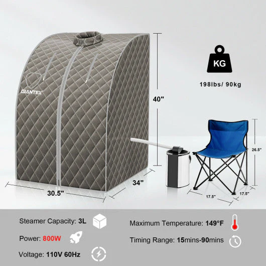 Portable Personal Steam Sauna Spa With 3L Blast-Proof Steamer Chair-Gray - Kaedas