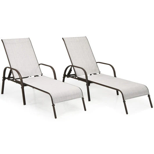 2 Pcs Outdoor Patio Lounge Chair Chaise Fabric With Adjustable Reclining Armrest-Gray - Kaedas