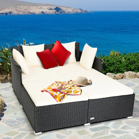 Spacious Outdoor Rattan Daybed With Upholstered Cushions and Pillows-White - Kaedas